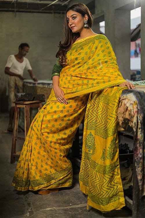 Handblock Print Maheshwari Silk Saree - SootiSyahi