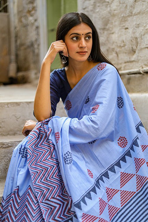 "HORIZON" HANDBLOCK PRINT MUL COTTON SAREE - SootiSyahi