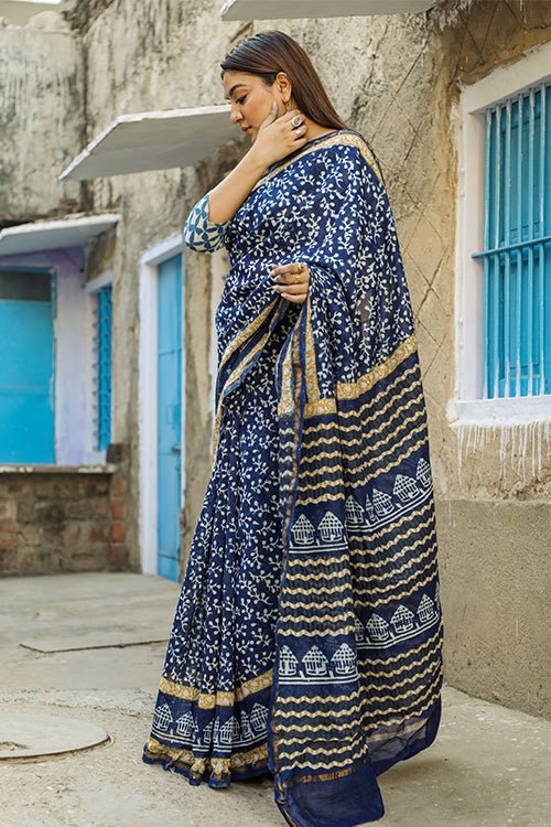 Breezy and Lightweight Indigo Linen Saree with Embroidery – TrendOye