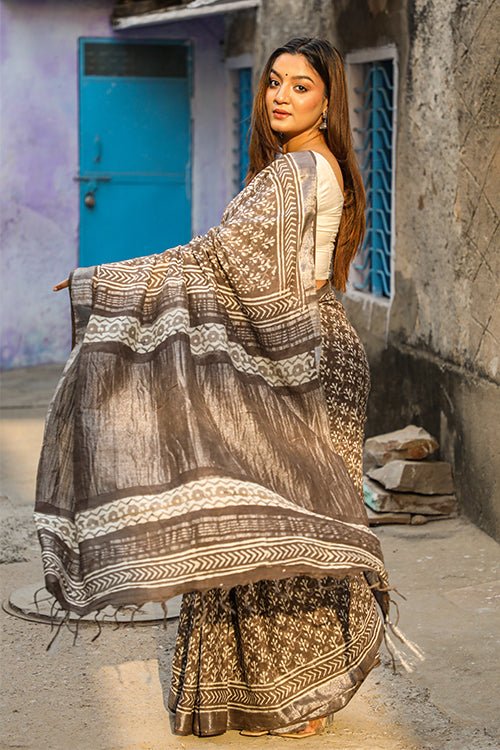 "IRONY" KASHISH DABU HANDBLOCK PRINT SLUB COTTON SAREE - SootiSyahi