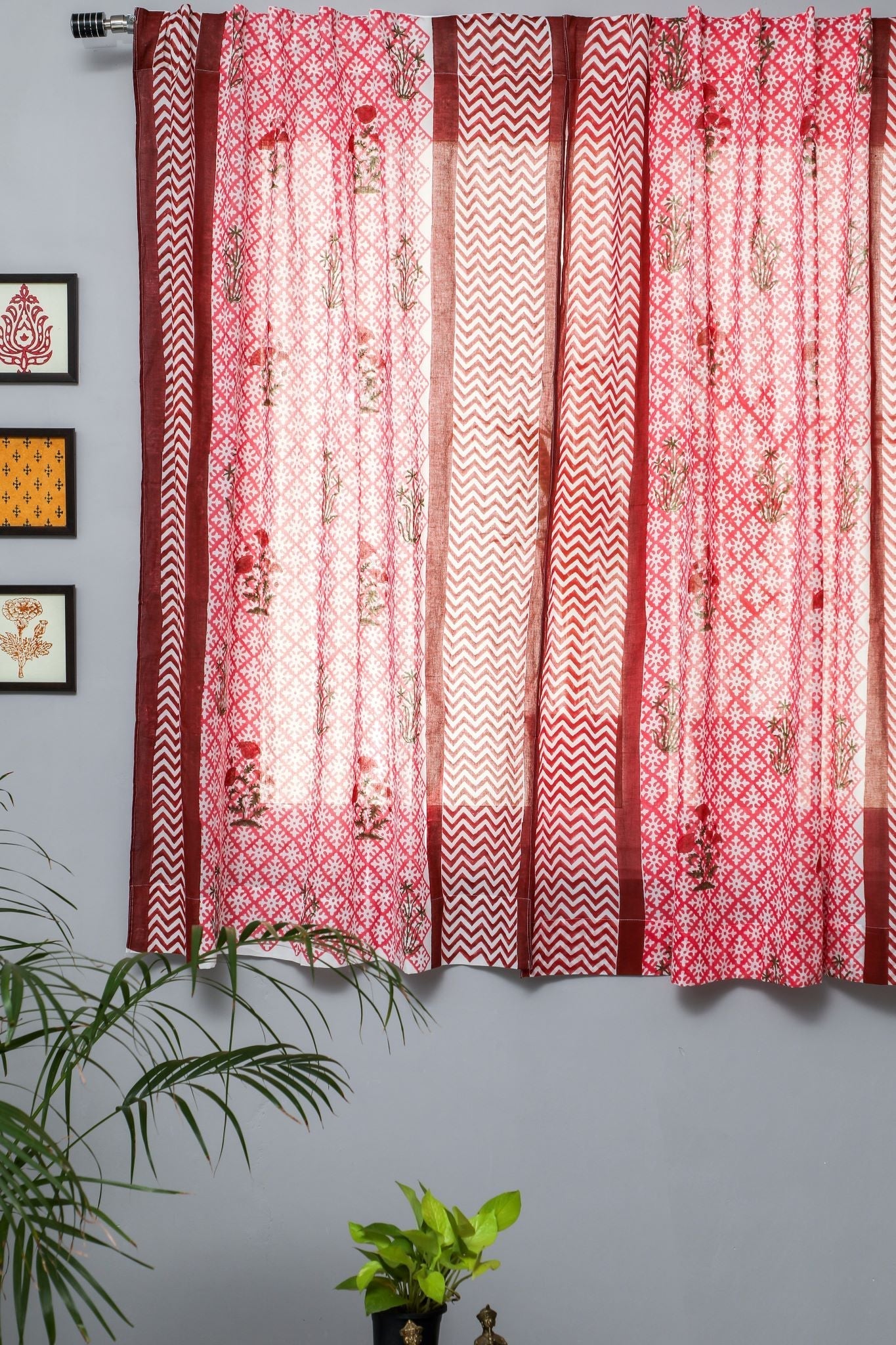 'Jade Rose' Handblock Printed Cotton Window Curtain - SootiSyahi