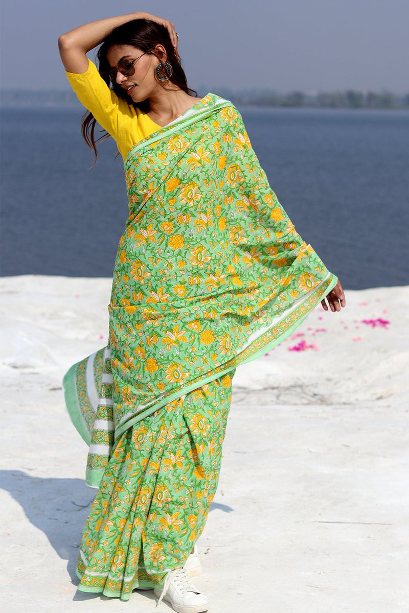 "Kaccha Aam" Block Printed Cotton Saree - SootiSyahi