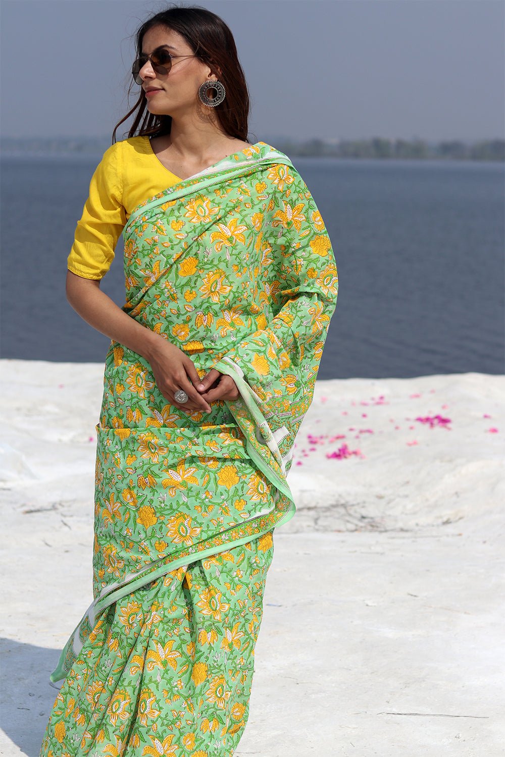 Handblock Printed Kota Doria White Saree with Natural Colors Organic Vibes