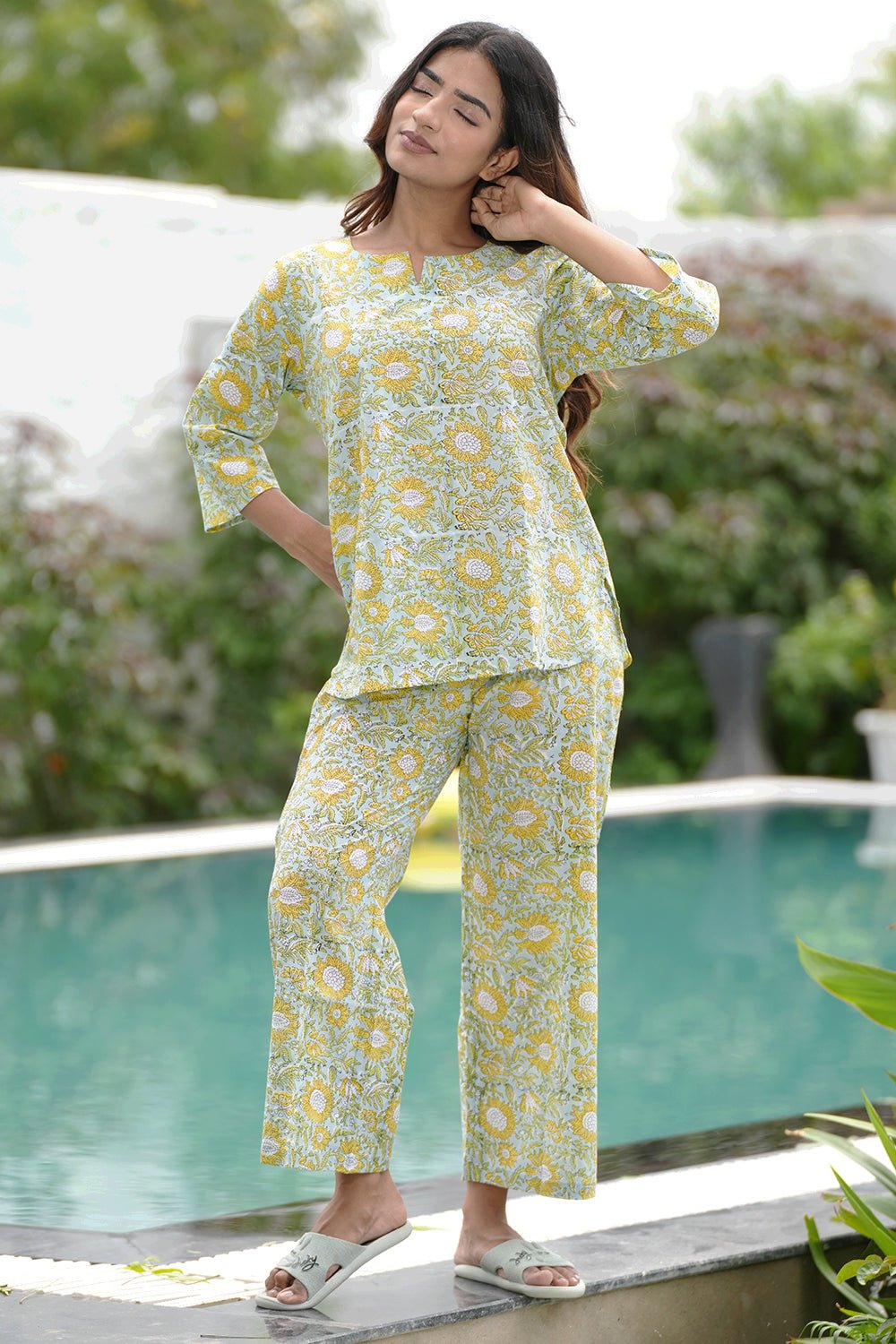 Lemon Mint Mojito Block Printed Night suit - SootiSyahi