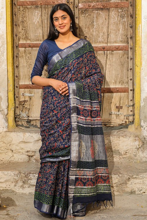 "MARVEL" HANDBLOCK PRINT SLUB COTTON SAREE - SootiSyahi