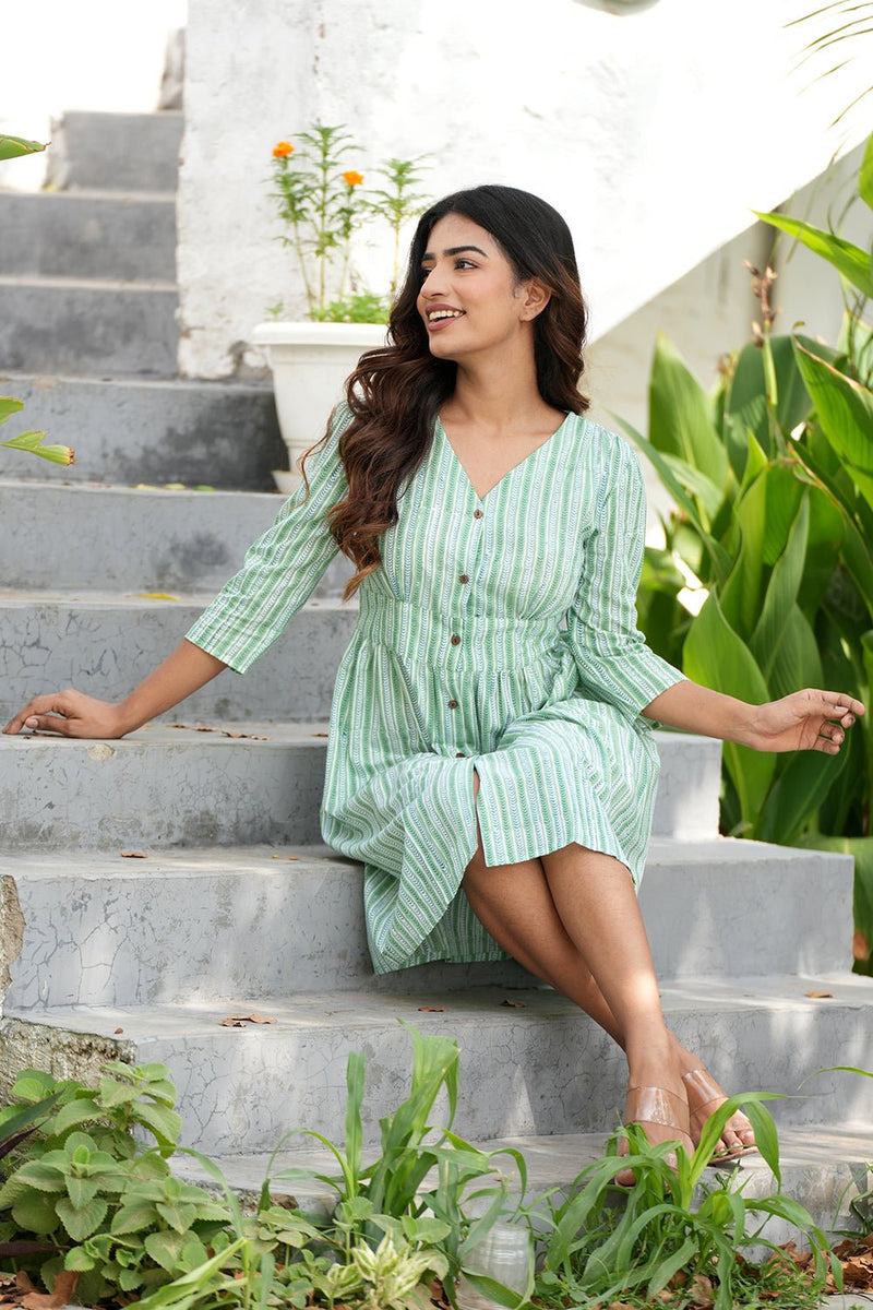 Meetha jal-jeera Handblock Printed Cotton Dress - SootiSyahi