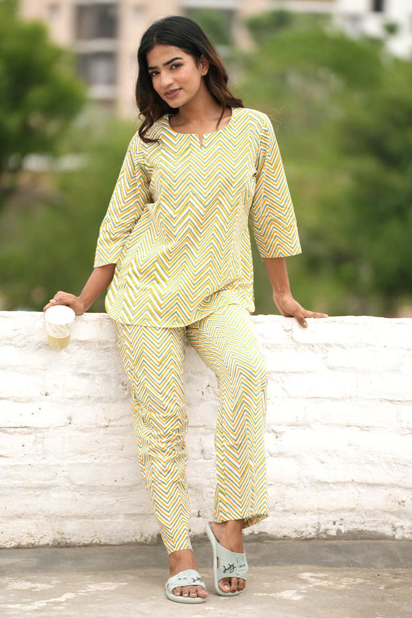 Misty Mustard Swivel Block Printed Night suit - SootiSyahi