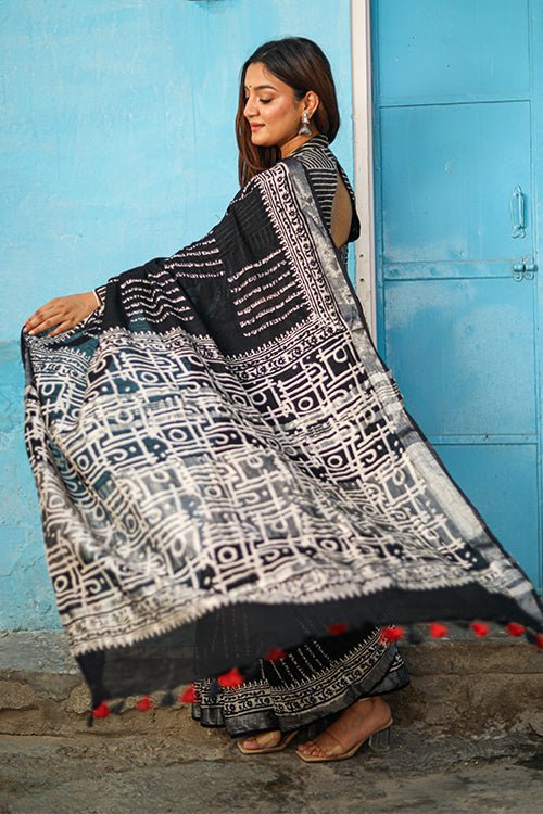 "MOSAIC" CHUNA PATRI HANDBLOCK PRINT SLUB COTTON SAREE - SootiSyahi