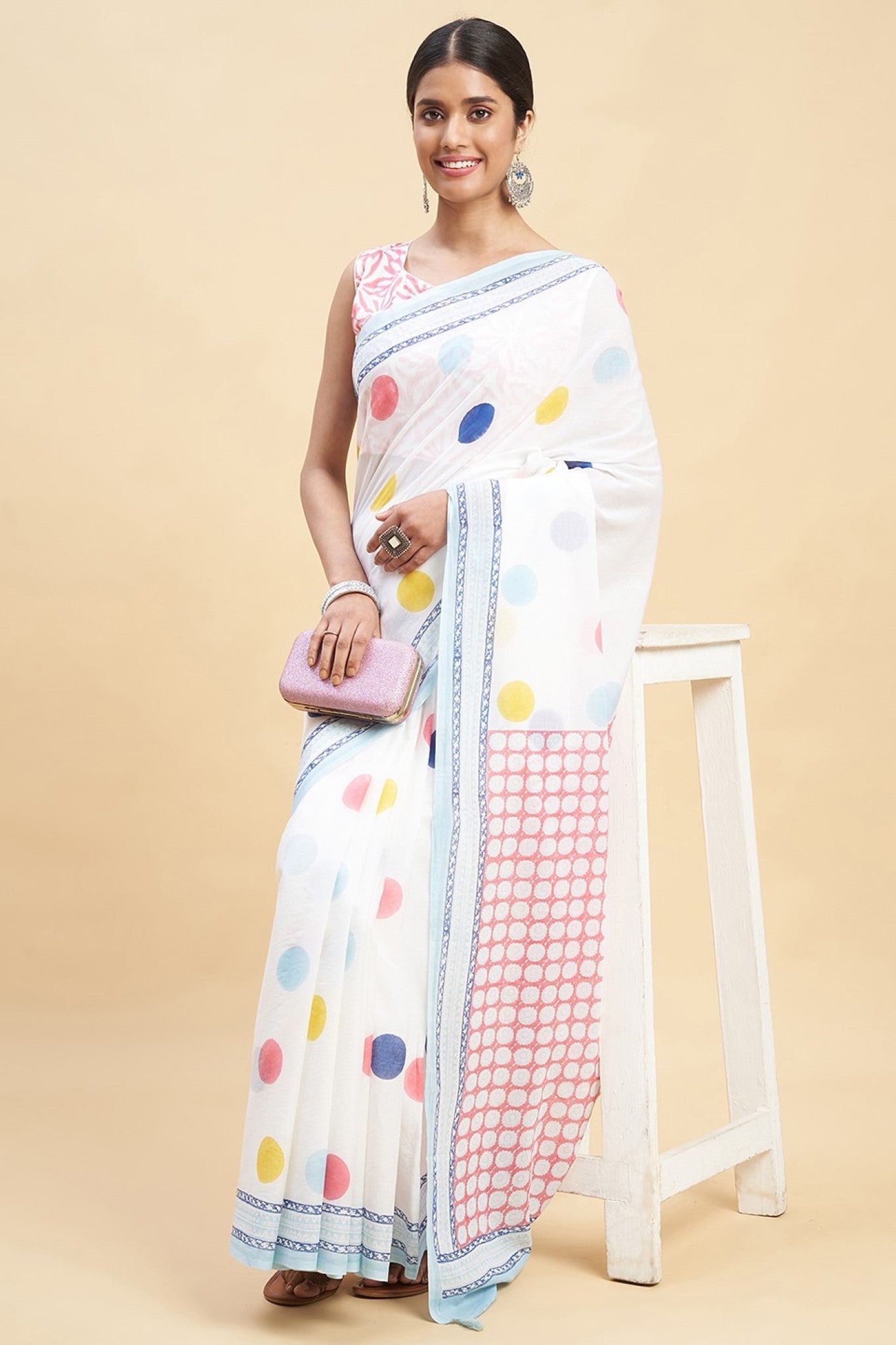 "Ocean Pearls'' Block Printed Cotton Saree - SootiSyahi