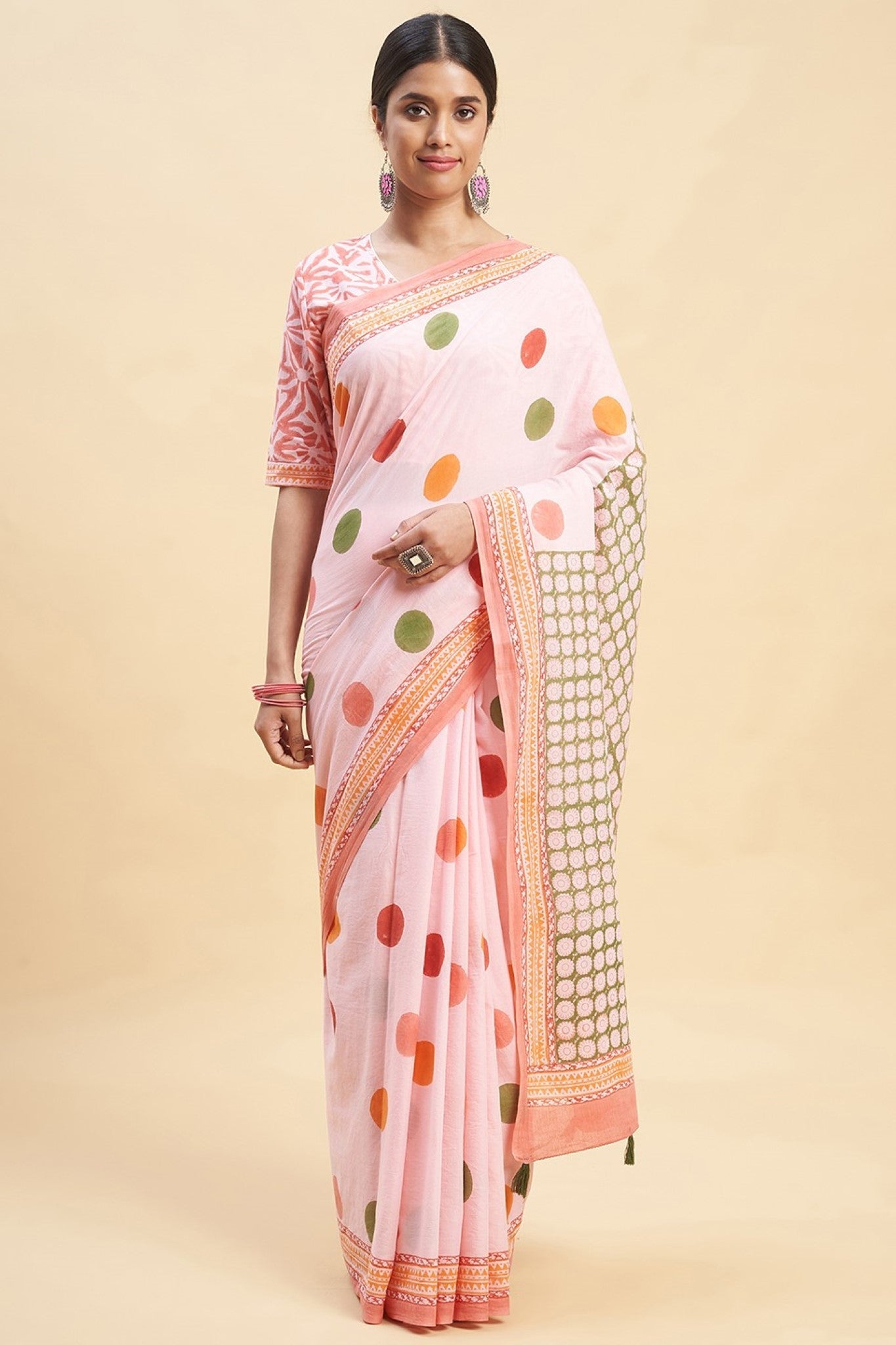 "Ocean Pink Pearls'' Block Printed Cotton Saree - SootiSyahi