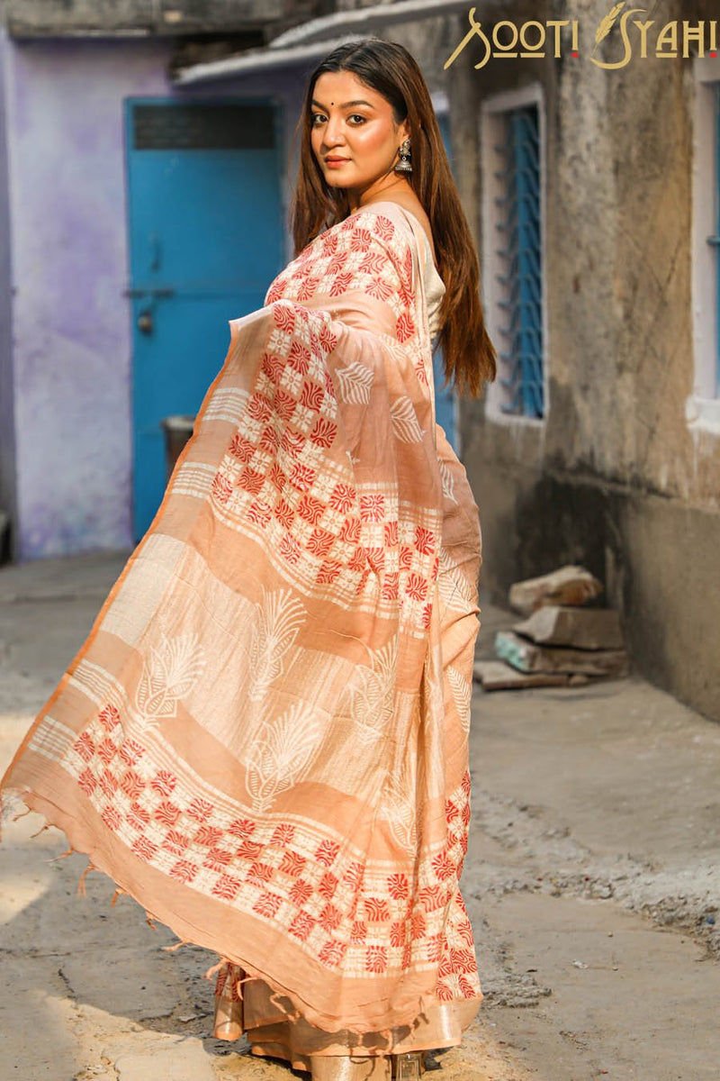 "PACIFIC" HANDBLOCK PRINT COTTON SLUB SAREE - SootiSyahi