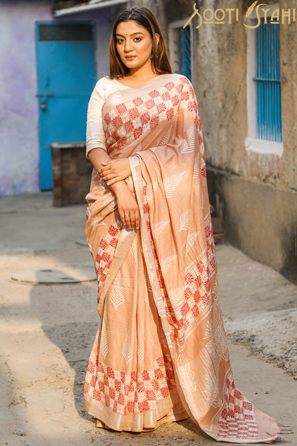 "PACIFIC" HANDBLOCK PRINT COTTON SLUB SAREE - SootiSyahi