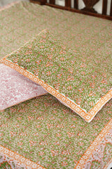 Papaya Meadowland Hand-Block Printed Bedsheet - SootiSyahi