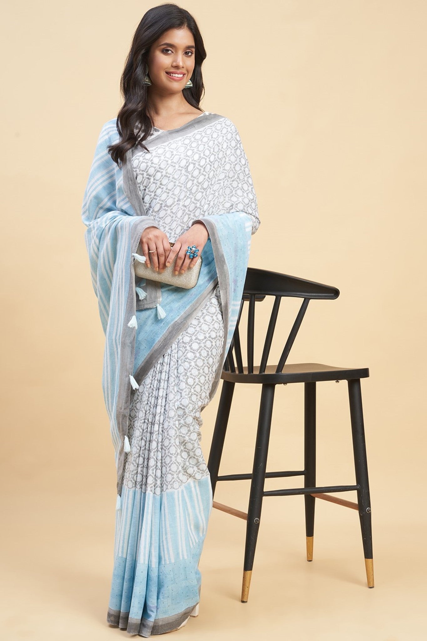 Steel Blue Cotton Saree with Jari Border - No Plastic Shop