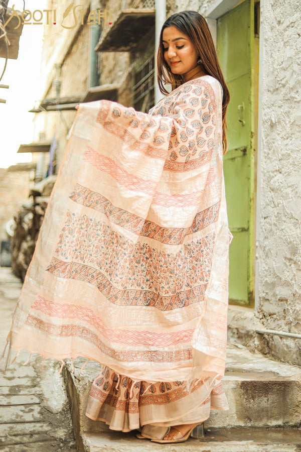"PERENNIAL" HANDBLOCK PRINT COTTON SLUB SAREE - SootiSyahi