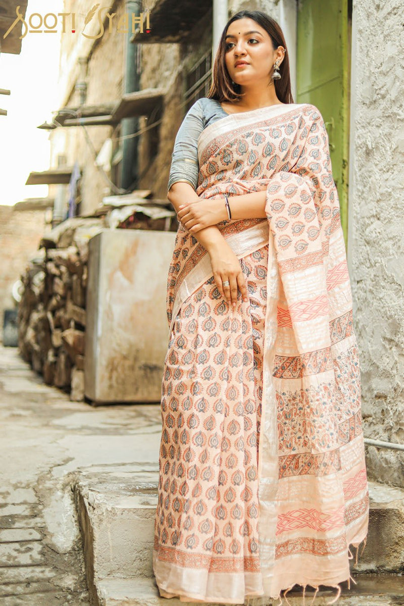 "PERENNIAL" HANDBLOCK PRINT COTTON SLUB SAREE - SootiSyahi