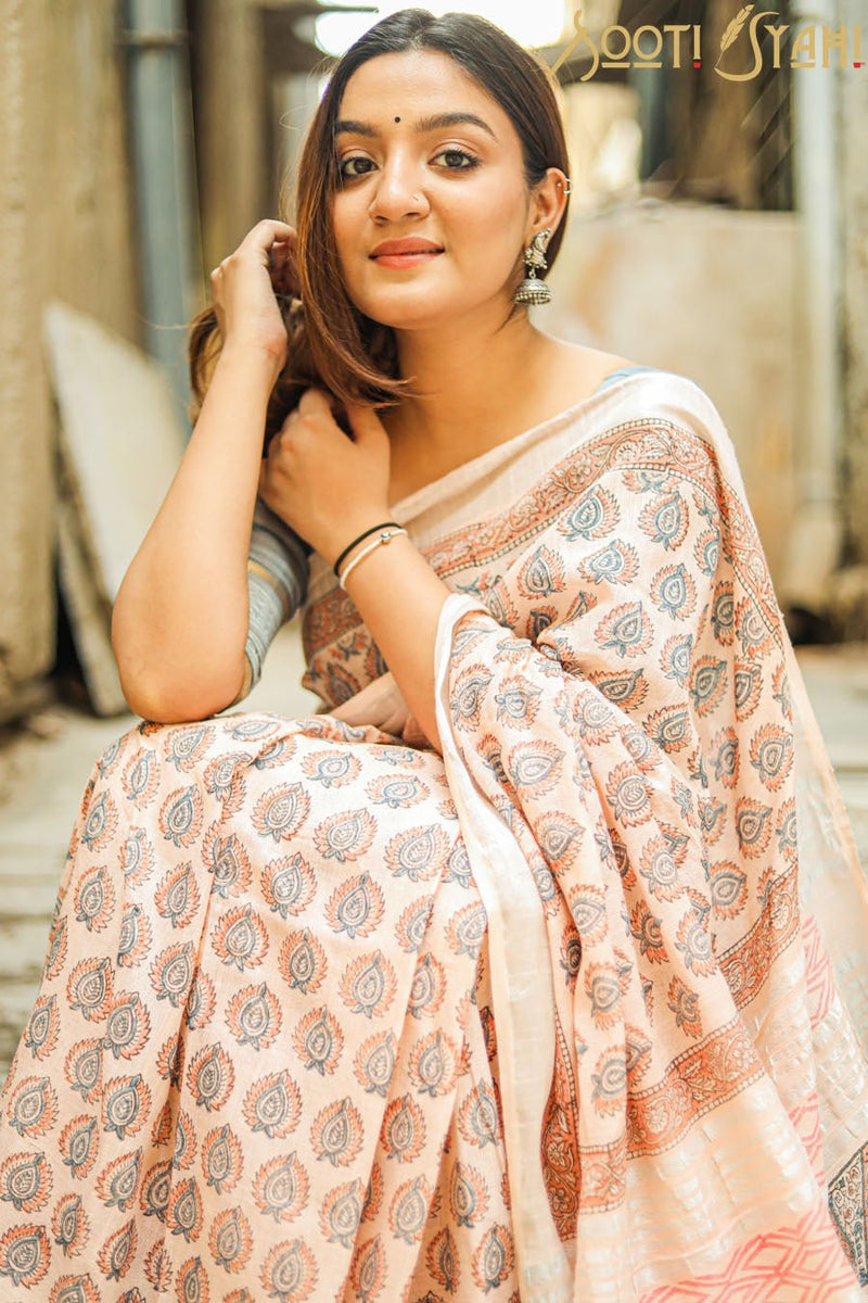 "PERENNIAL" HANDBLOCK PRINT COTTON SLUB SAREE - SootiSyahi