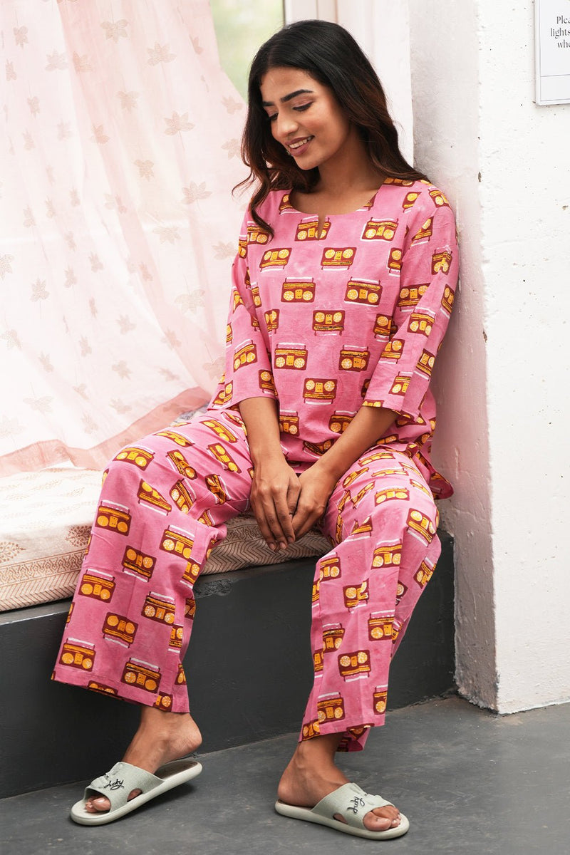 Pink Melodies Block Printed Night suit - SootiSyahi