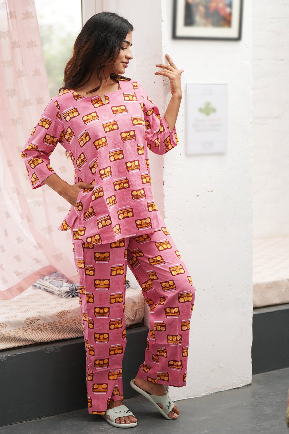 Pink Melodies Block Printed Night suit - SootiSyahi