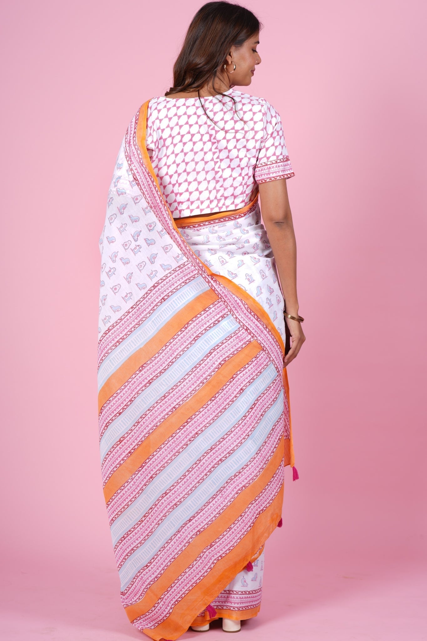 "Pink Penguins'' Block Printed Cotton Saree - SootiSyahi