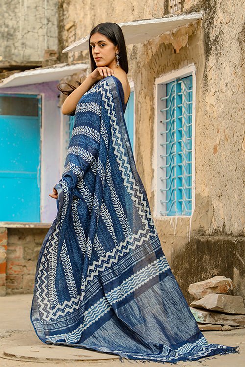 "RAPTURE" INDIGO HANDBLOCK PRINT SLUB COTTON SAREE - SootiSyahi