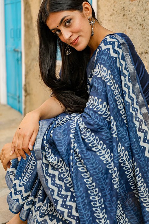 "RAPTURE" INDIGO HANDBLOCK PRINT SLUB COTTON SAREE - SootiSyahi