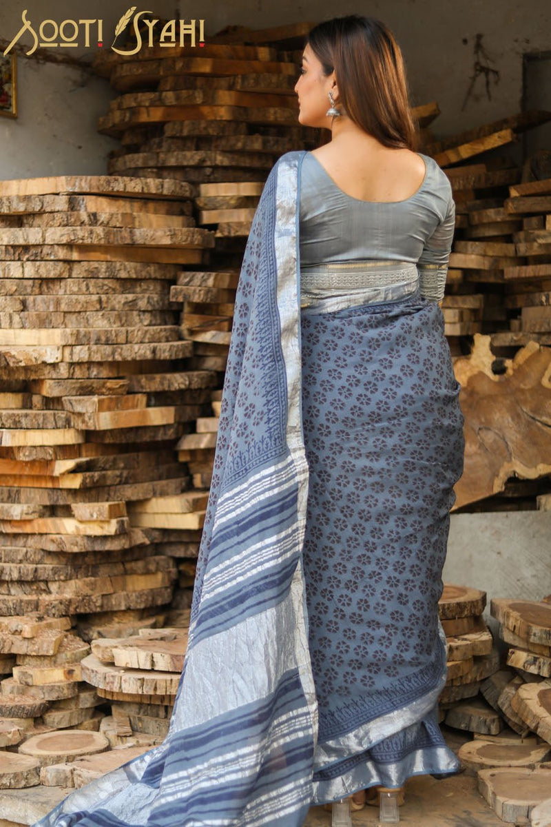 "REFLECTION" HANDBLOCK PRINT SLUB COTTON SAREE - SootiSyahi