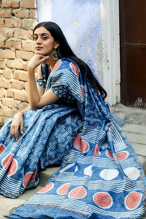 Oorjaa Hand-Woven Block Printed Indigo Linen Saree -...