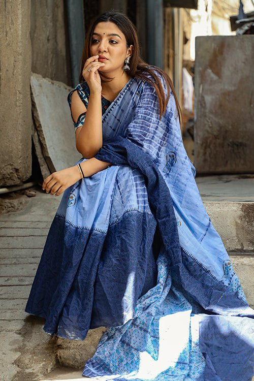 "RIDGE" HANDBLOCK PRINT MUL COTTON SAREE - SootiSyahi