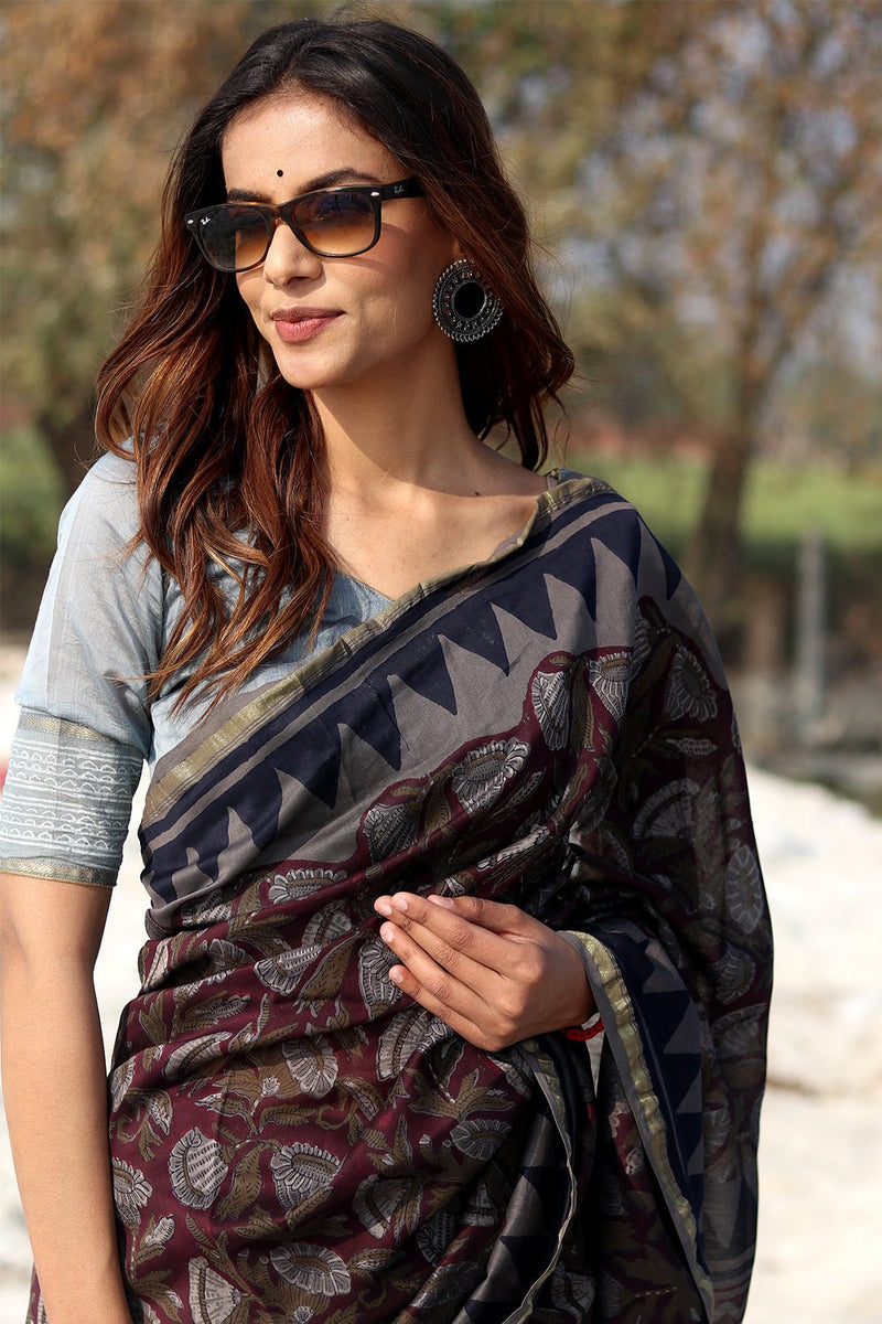 Rustic Bell Handblock Printed Chanderi Saree - SootiSyahi