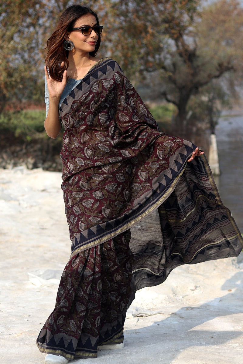 Rustic Bell Handblock Printed Chanderi Saree - SootiSyahi