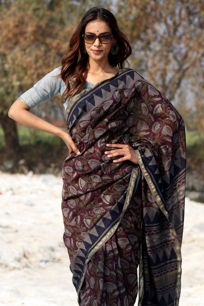Rustic Bell Handblock Printed Chanderi Saree - SootiSyahi