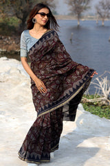 Rustic Bell Handblock Printed Chanderi Saree - SootiSyahi