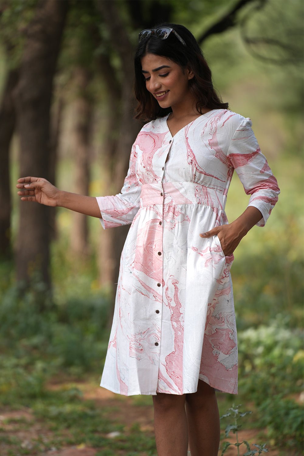 Scarlet Streaks Handblock Printed Cotton Dress - SootiSyahi