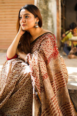 "Serendipity" BAGRU HANDBLOCK PRINT CHANDERI SILK SAREE - SootiSyahi