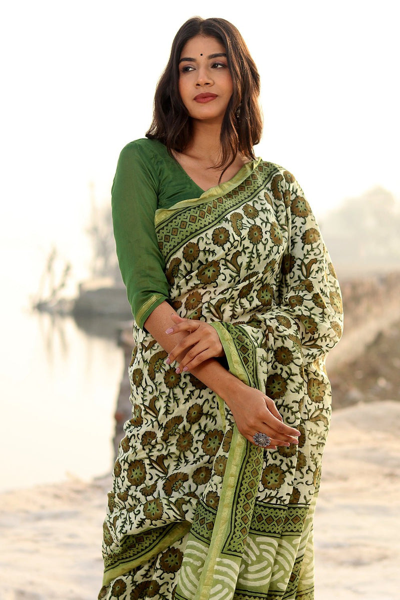 Shades Of Green Handblock Printed Chanderi Saree - SootiSyahi