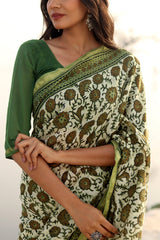 Shades Of Green Handblock Printed Chanderi Saree - SootiSyahi