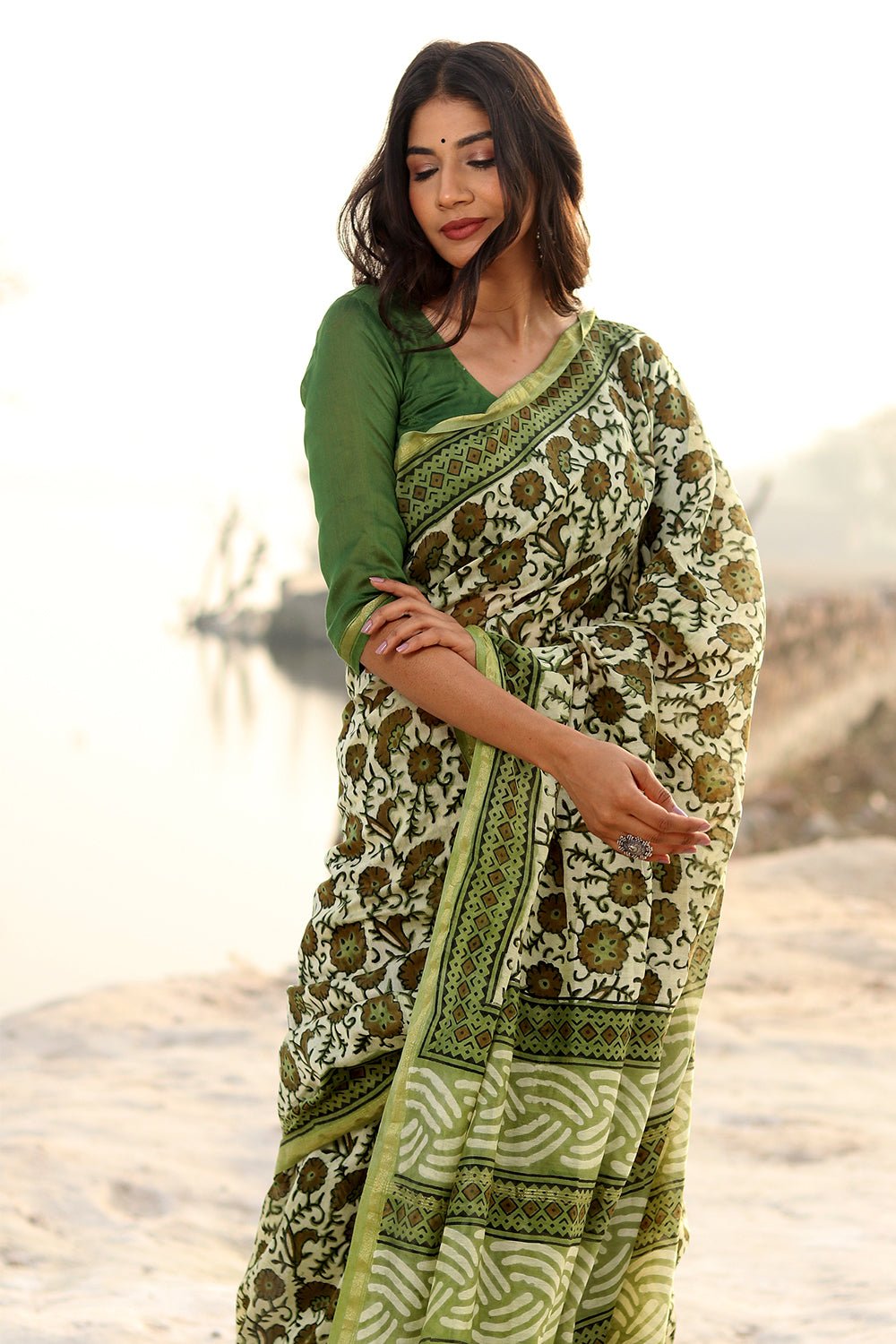 Indigo stripes dabu print sari by Rias | The Secret Label