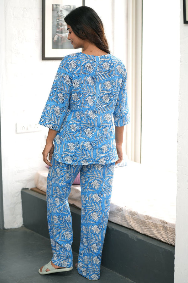 Sky Blue Botanical Bliss Block Printed Night suit - SootiSyahi