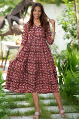 Smoky Peach Handblock Printed Cotton Dress - SootiSyahi