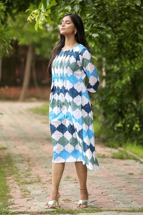 SootiSyahi 'A Cotton Azure' Block Printed Dress - SootiSyahi