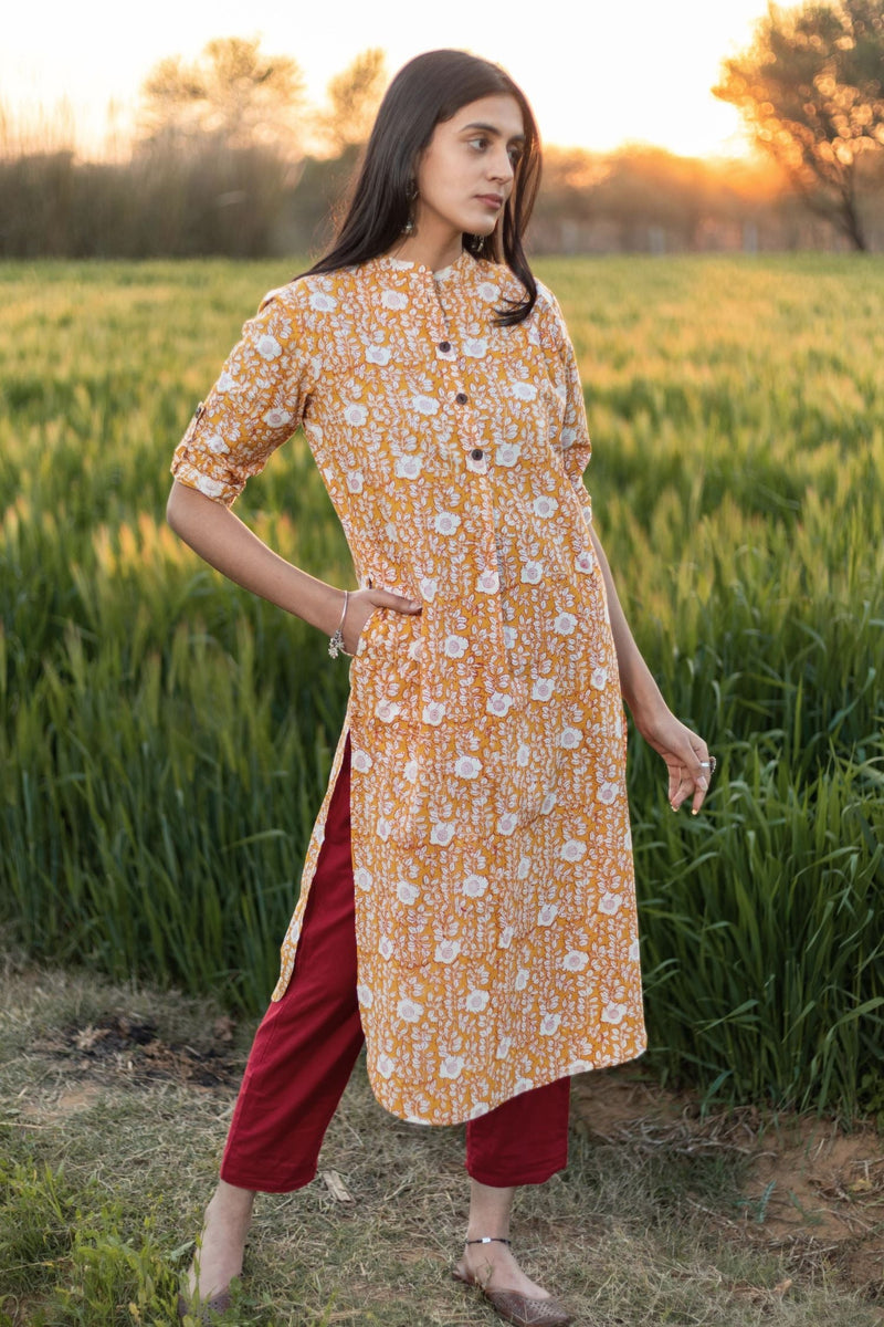 Sootisyahi 'Amber Delight' Azofree Handblock Printed Pure Cotton Kurti - SootiSyahi