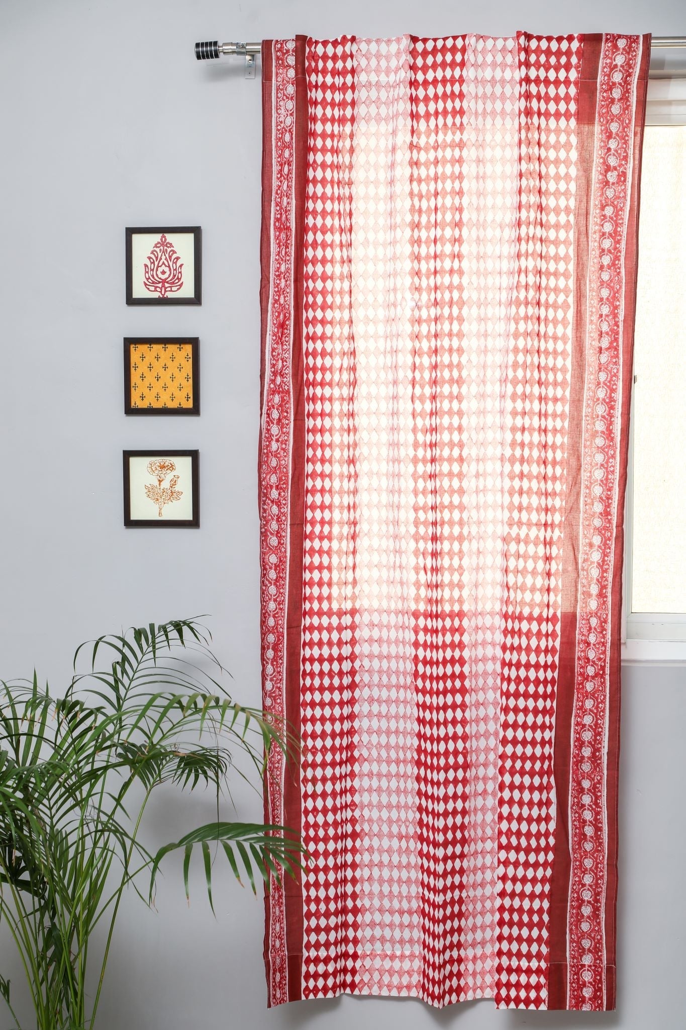 SootiSyahi 'Artistic Red Illusions' Handblock Printed Cotton Door Curtain - SootiSyahi