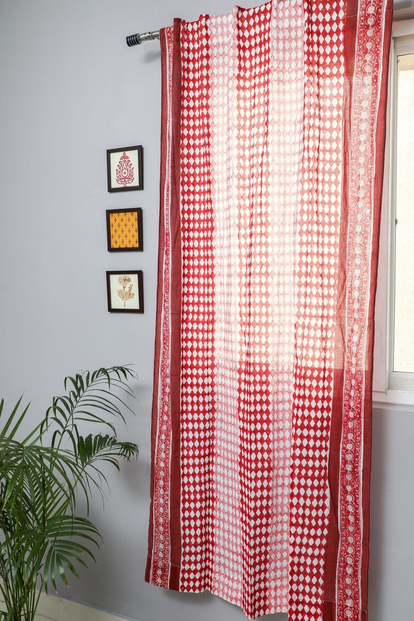 SootiSyahi 'Artistic Red Illusions' Handblock Printed Cotton Door Curtain - SootiSyahi