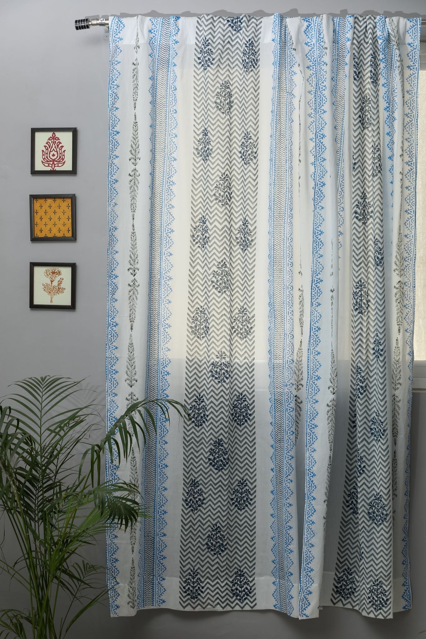 SootiSyahi 'Bering Blue' Handblock Printed Cotton Door Curtain - SootiSyahi