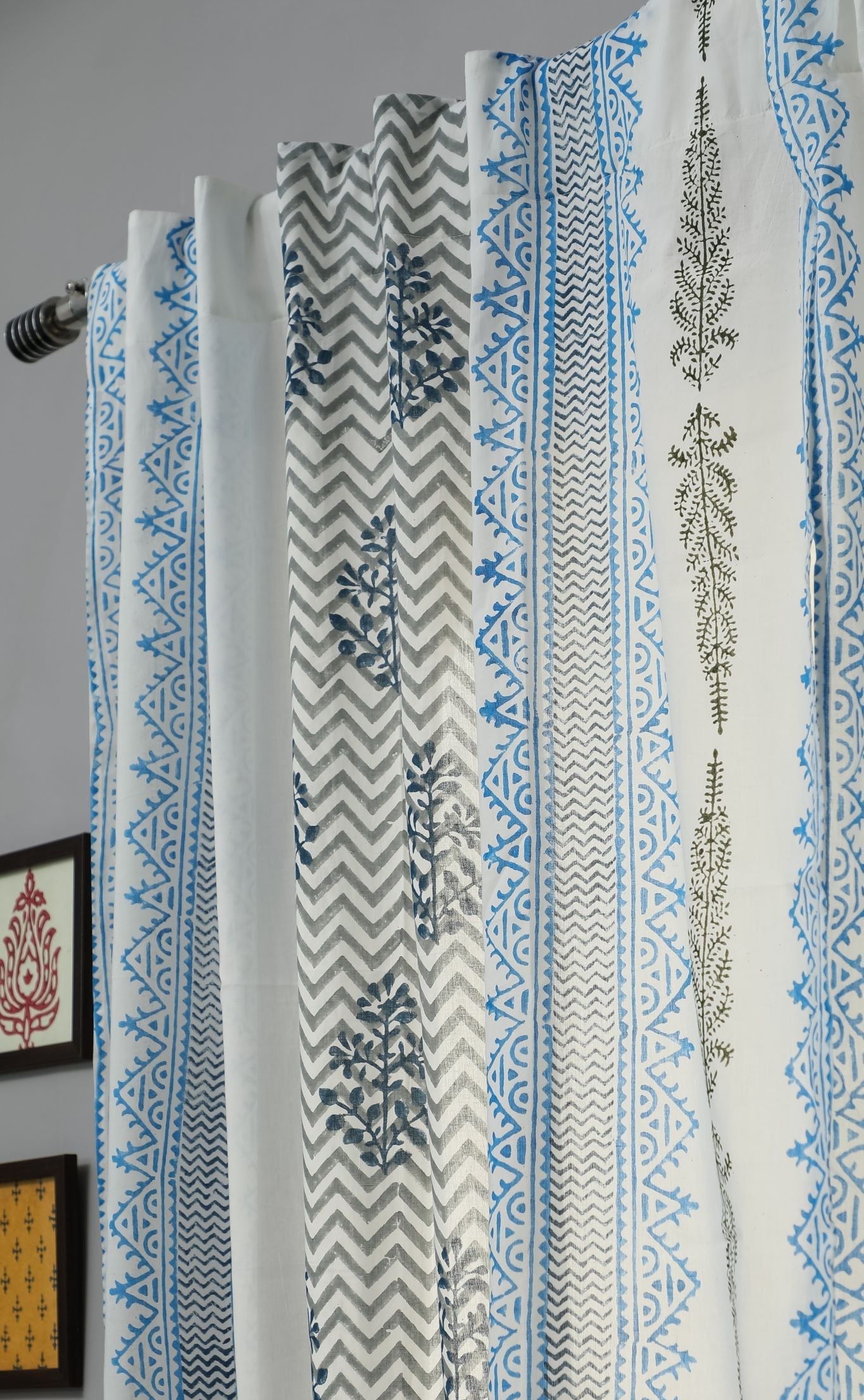 SootiSyahi 'Bering Blue' Handblock Printed Cotton Window Curtain - SootiSyahi