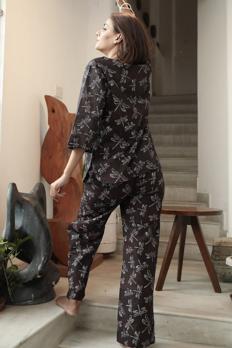 Sootisyahi 'Black Coffee ' Azofree Handblock Printed Pure Cotton Night Suit - SootiSyahi