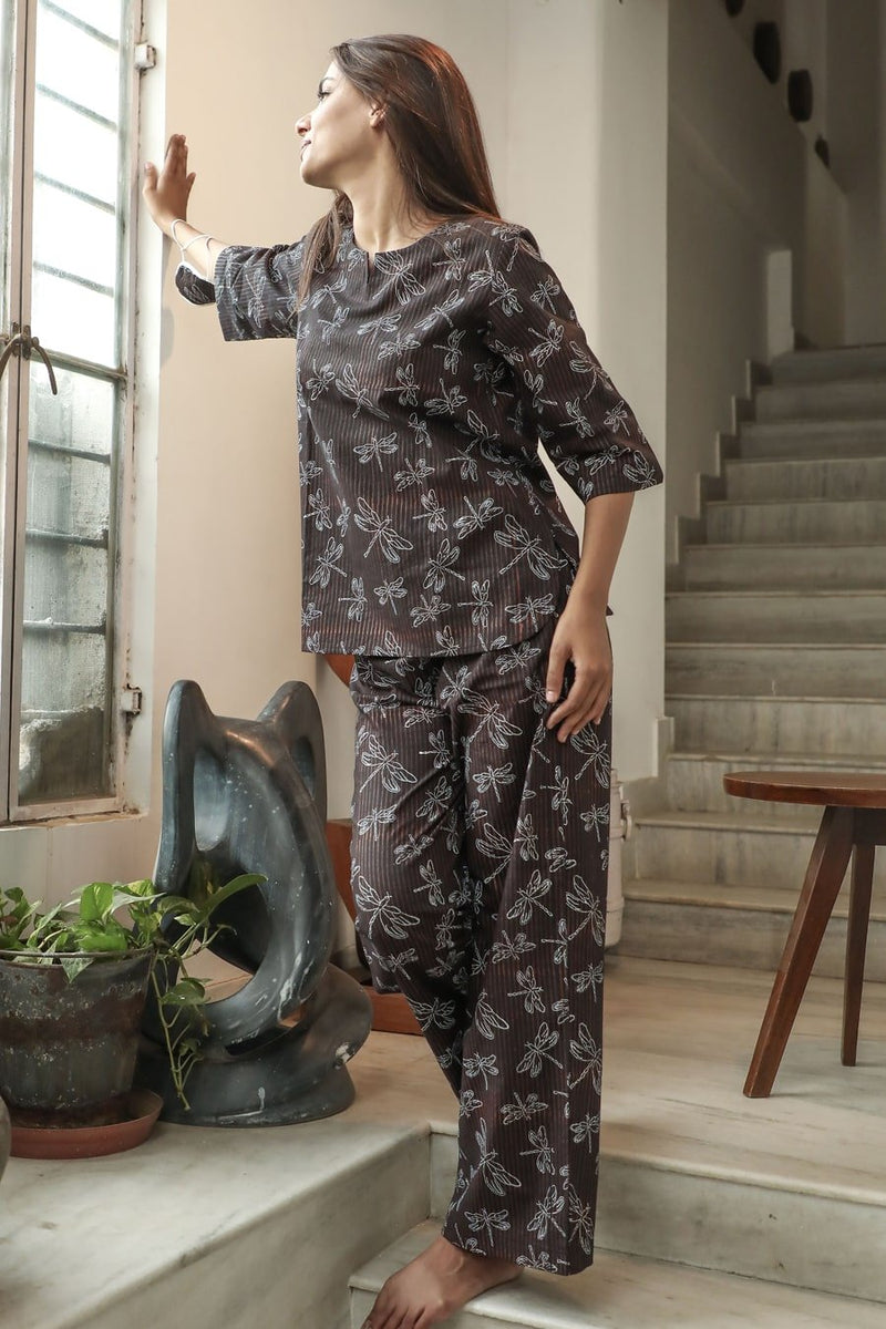 Sootisyahi 'Black Coffee ' Azofree Handblock Printed Pure Cotton Night Suit - SootiSyahi