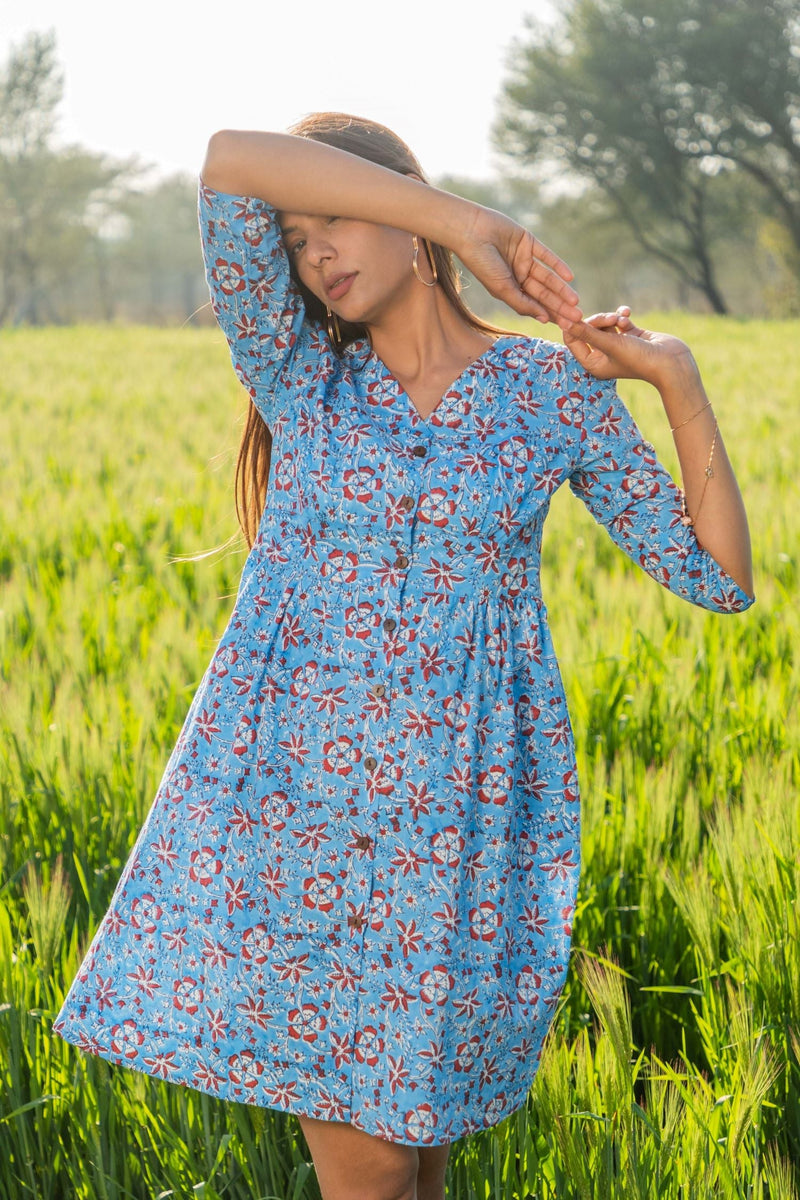 Sootisyahi 'Bloom in the Sky' Azofree Handblock Printed Pure Cotton Dress - SootiSyahi