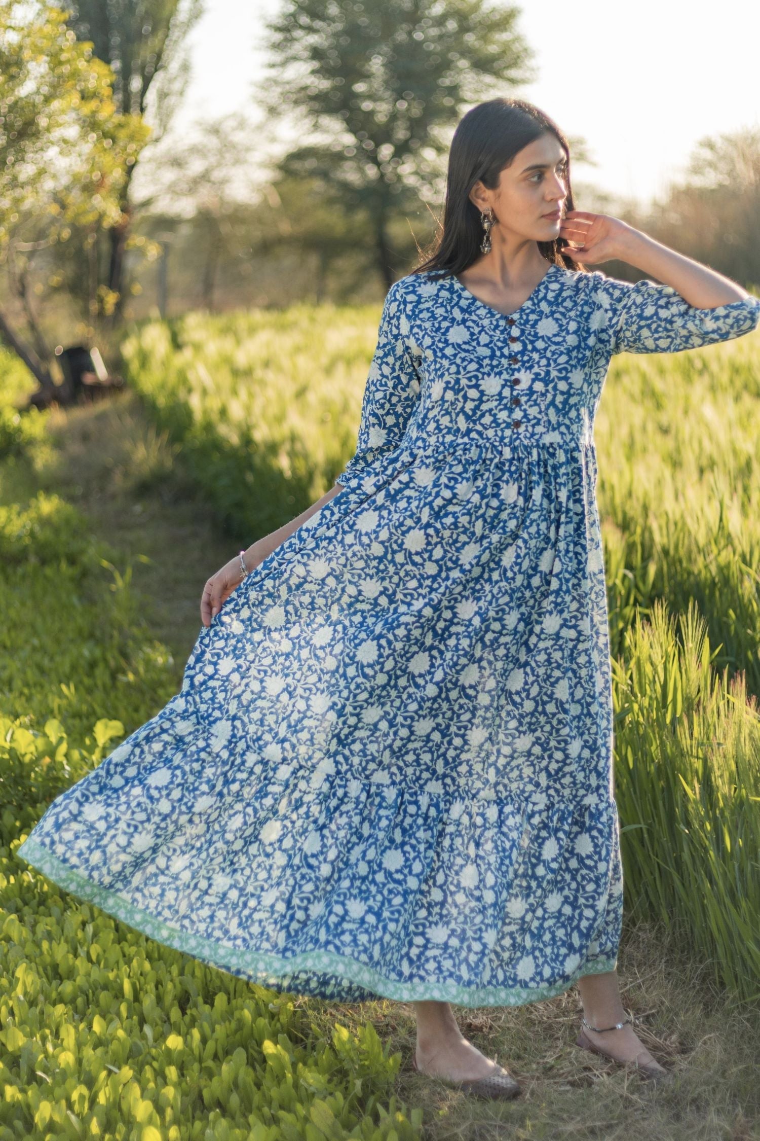 Sootisyahi 'Bloom Mist' Azofree Handblock Printed Pure Cotton Dress - SootiSyahi